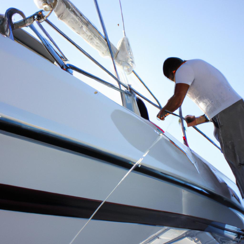 Person maintaining yacht, providing tips