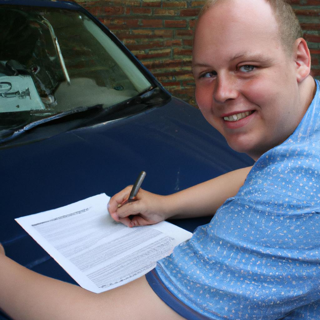 Person signing insurance paperwork, smiling
